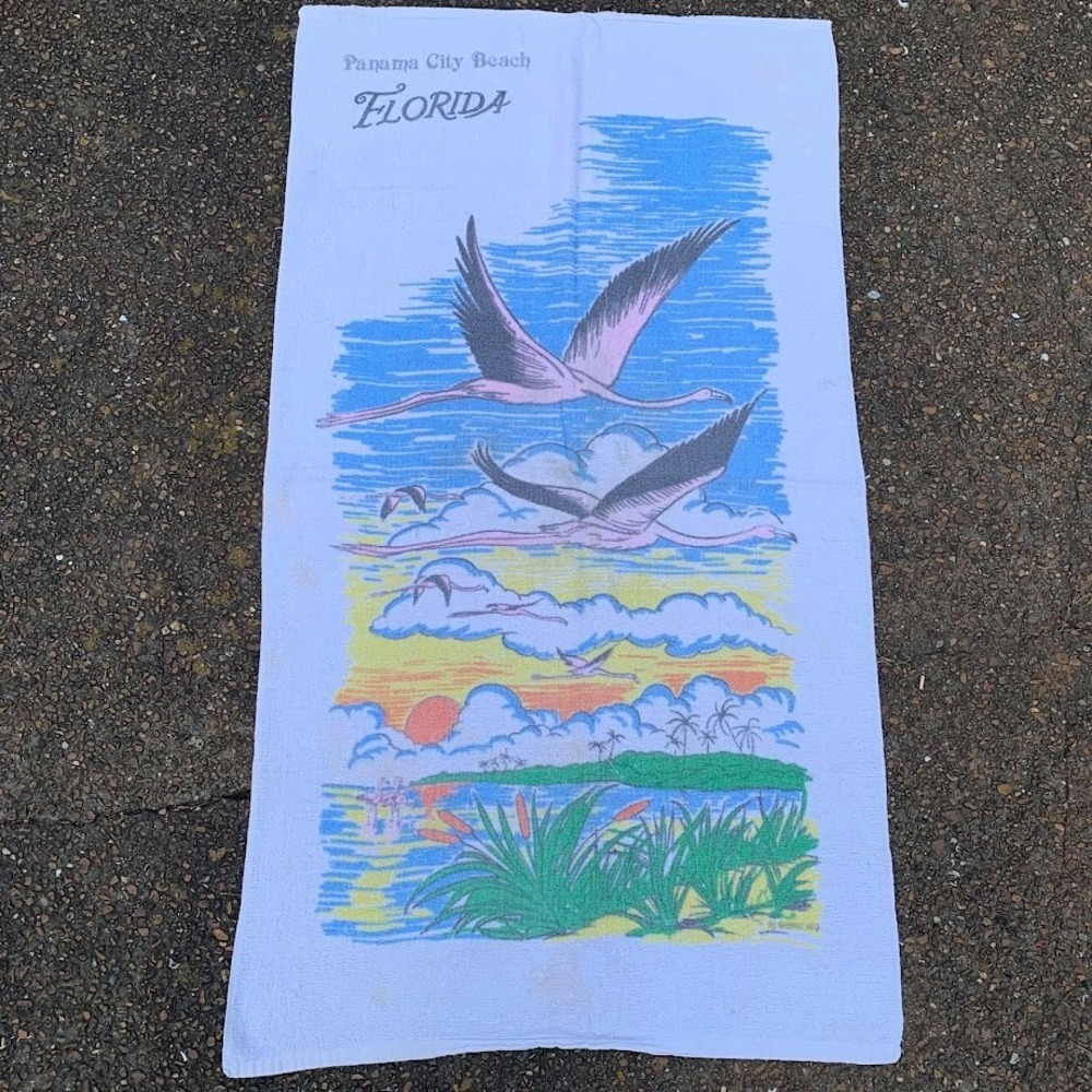 Vintage Sherry Panama‎ City Beach Florida Souvenir Towel Flamingos Ocean
